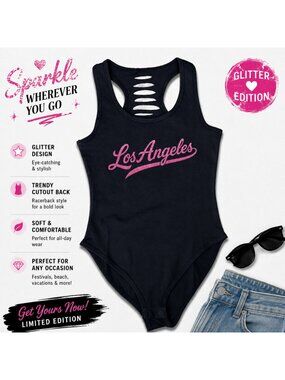 Los Angeles Womens Bodysuit Pink Glitter Graphic Racerback, Baseball outfit
